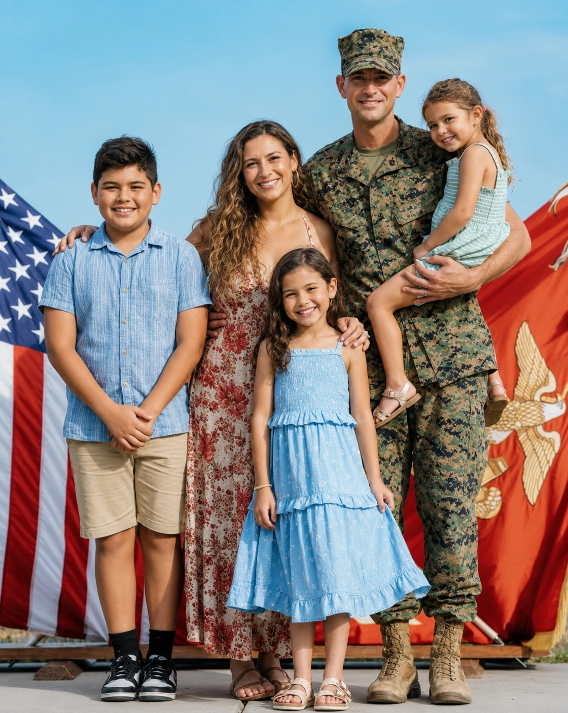A U.S. Marine in cammies with his wife and three children in front of the American and Marine Corps flags
