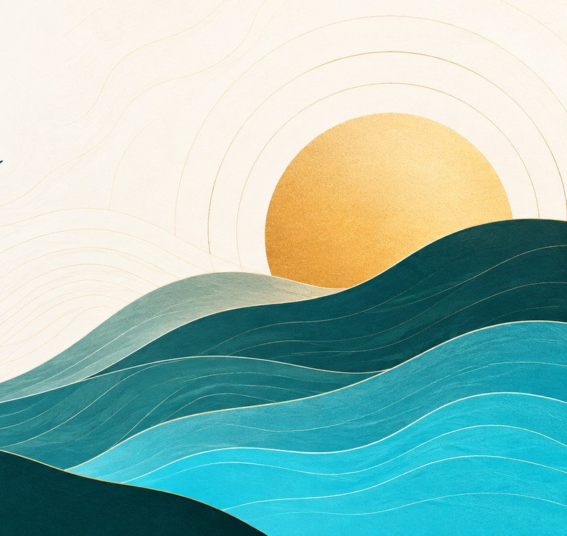 A gold sun rising over layered teal and aqua waves, the Maluhia Daily emblem.
